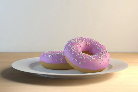 3d rendering of two pink chocolate covered donuts on a plate Stock Illustration