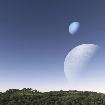 A 3D rendering of two planets in the clear blue sky with lush greenery on the Stock Illustration