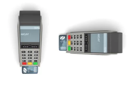 3d rendering of two POS terminals in top view with generic plastic cards Stock Illustration