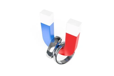 3D Rendering Two Realistic Couple Silver Gold Wedding Ring and Horseshoe Magn Stock Photos