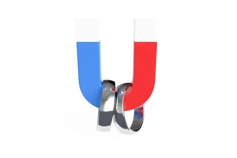 3D Rendering Two Realistic Couple Silver Gold Wedding Ring and Horseshoe Magn Stock Photos