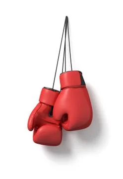 3d rendering of two red boxing gloves hanging on a long black string on a white Stock Illustration