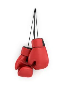3d rendering of two red boxing gloves hanging on a long black string on a white Ilustración de archivo
