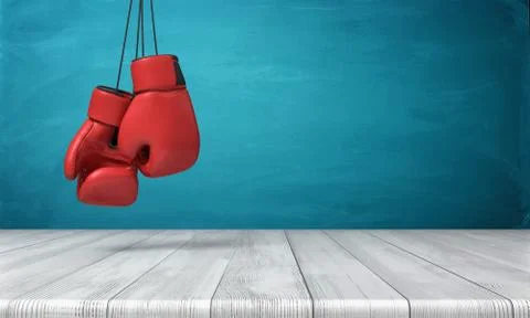 3d rendering of two red boxing gloves hanging above a wooden desk in front of a Stock Illustration
