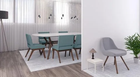 3D rendering of two rooms in day light, with white wall and modern chairs Stock Illustration