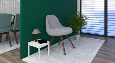 3D rendering of two rooms in day light, with green wall and modern chairs Stock Illustration