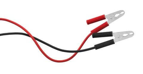 3d rendering of two sets of red and black car battery clamps connected to a Stock Illustration