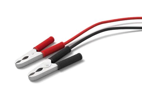 3d rendering of two sets of red and black car battery clamps connected to a Stock Illustration