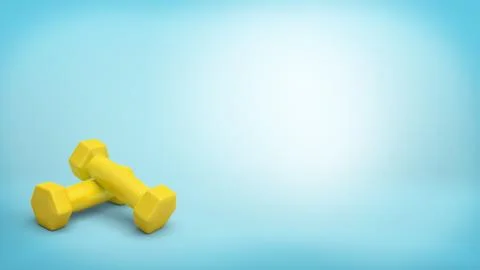 3d rendering of a two small yellow handheld dumbbells lying one on another on Stock Illustration