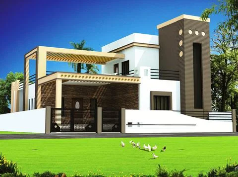 3D rendering of a two storage duplex house with an abstract exterior design イラスト素材