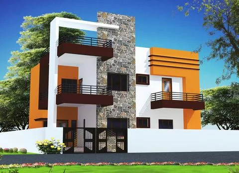 3D rendering of a two storage house exterior design with orange components Illustrazione stock