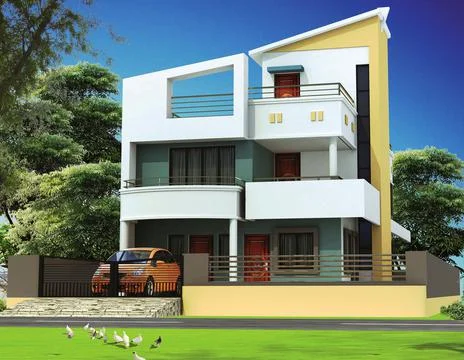3D rendering of a two storage house with an abstract exterior design and a car Illustrazione stock