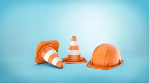 3d rendering of two striped road cones and helmet on blue background. Stock Illustration
