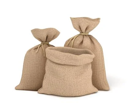 3d rendering of two tied canvas sacks and open sack in front view isolated on Stock Illustration