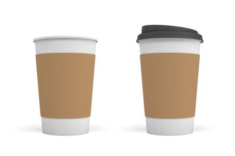 3d rendering of two white coffee cups with carton sleeves one, one cup with a Illustration