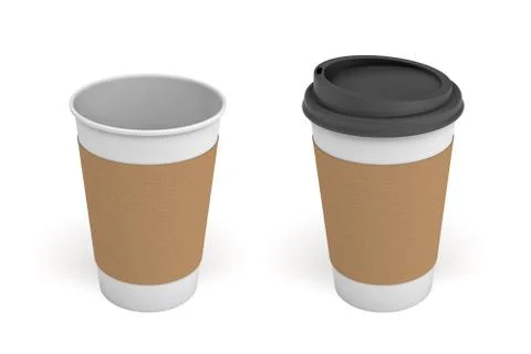 3d rendering of two white coffee cups with carton sleeves one, one cup with a Stock Illustration