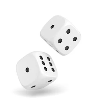 3d rendering of two white dice hanging on a white background Stock Illustration
