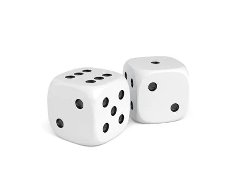 3d rendering of two white dice standing close to each other on a white Stock Illustration