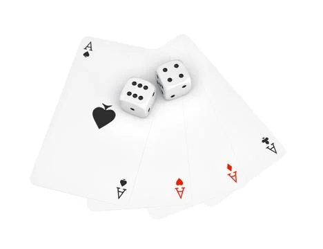 3d rendering of two white dice with four different ace playing cards isolated on Stock Illustration