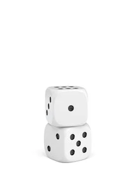 3d rendering of two white dice with white pips standing vertically on a white Stock Illustration