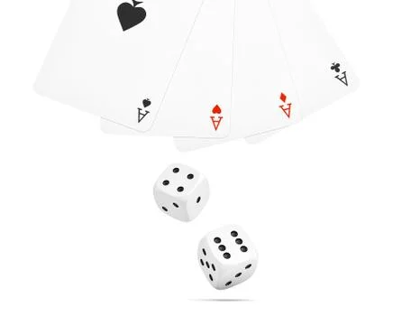 3d rendering of two white dice with four different ace playing cards isolated on Stock Illustration