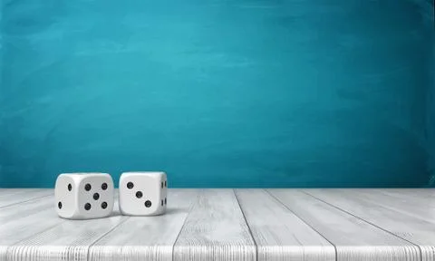 3d rendering of two white dice on a wooden desk on a blue background. Stock Illustration