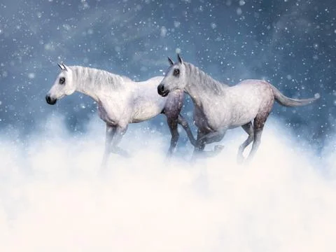3D rendering of two white horses running in snow. Illustrazione stock