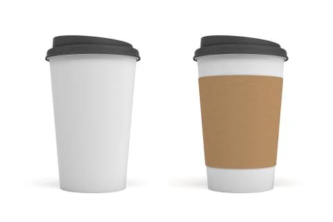 3d rendering of two white paper coffee cups with black lids, one clear white and Stock Illustration