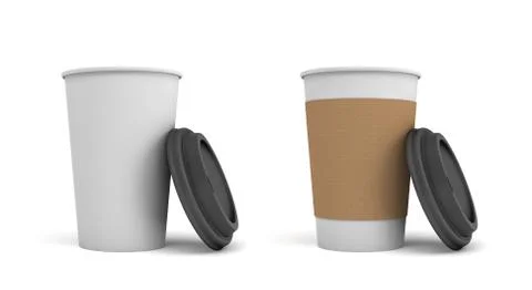 3d rendering of two white paper coffee cups with open black lids, one of the Stockillustratie