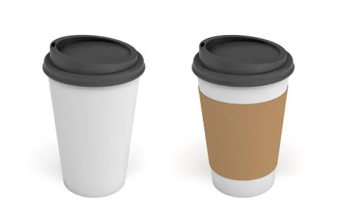 3d rendering of two white paper coffee cups with black lids, one clear white and Illustrazione stock