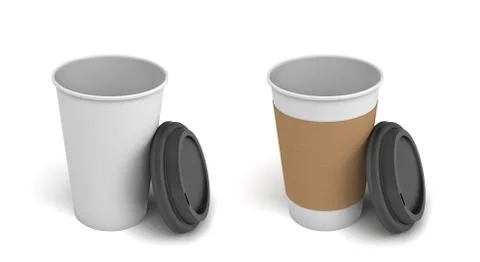 3d rendering of two white paper coffee cups with open black lids, one of the 库存插图