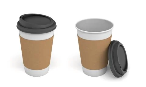 3d rendering of two white paper coffee cups with brown stripes and black lids Stock Illustration