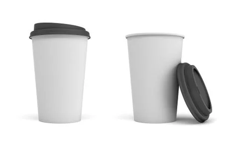 3d rendering of two white paper coffee cups with black lids, one closed and one Stock Illustration