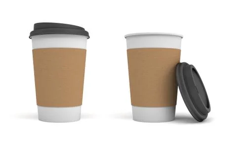 3d rendering of two white paper coffee cups with brown stripes and black lids Stock Illustration