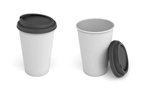 3d rendering of two white paper coffee cups with black lids, one closed and one Stock Illustration