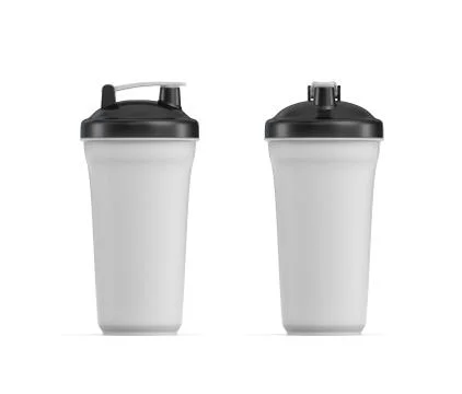 3d rendering of two white water shakers with black covers in side and front Stock Illustration