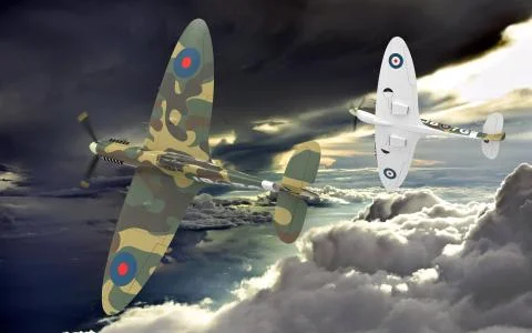 3d rendering of two world war two airplanes flying together in the clouds Stockillustratie