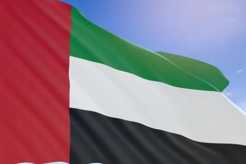 3D rendering of UAE flag waving on blue sky background Stock Illustration