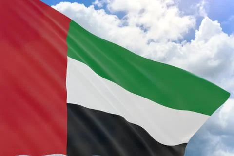 3D rendering of UAE flag waving on blue sky background Foto stock