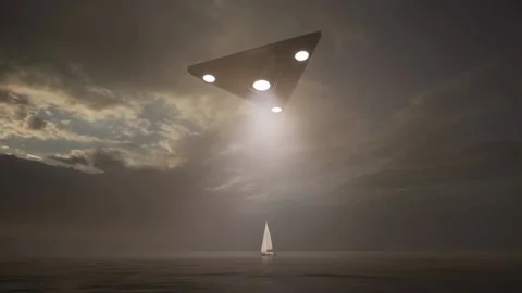 3d-rendering. UFO hung and illuminated a sailing yacht on the lake in the fog. Stock Footage 224334237