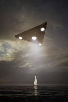 3d-rendering. UFO hung and illuminated a sailing yacht on the lake Stock Illustration