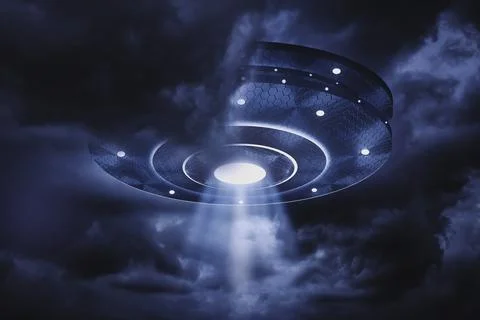 3D Rendering UFO shooting a beam of light in a storm cloud Illustrazione stock