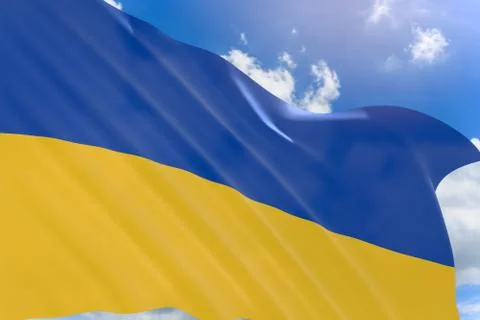 3D rendering of Ukraine flag waving on blue sky background Foto stock