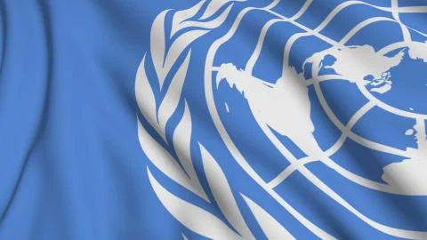 3d rendering of a UN flag. The flag develops smoothly in the wind 库存照片