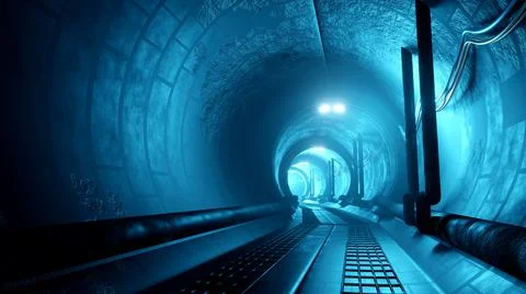 3D rendering Underground tunnel illuminated at the end. Stock Illustration