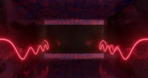 3d rendering. Underground tunnel or corridor lit with bright neon lamps. Futu Stock Illustration