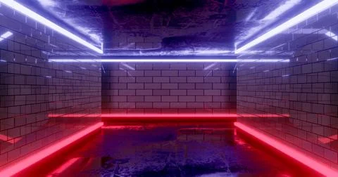 3d rendering. Underground tunnel or corridor lit with bright neon lamps. Futu Stock Illustration