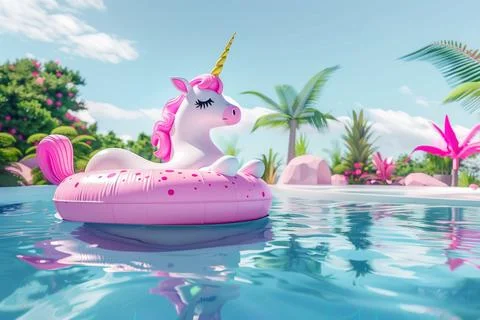 3D rendering of a unicorn floatie in a pool Stock Illustration