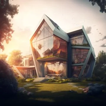 3D rendering of a unique-shaped house in a field, sunlight reflection in the big Ilustración de archivo
