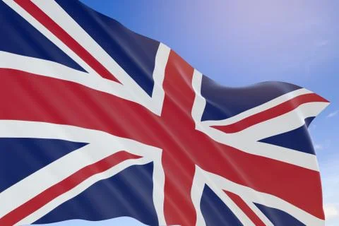 3D rendering of United Kingdom flag waving on blue sky background Stock Illustration